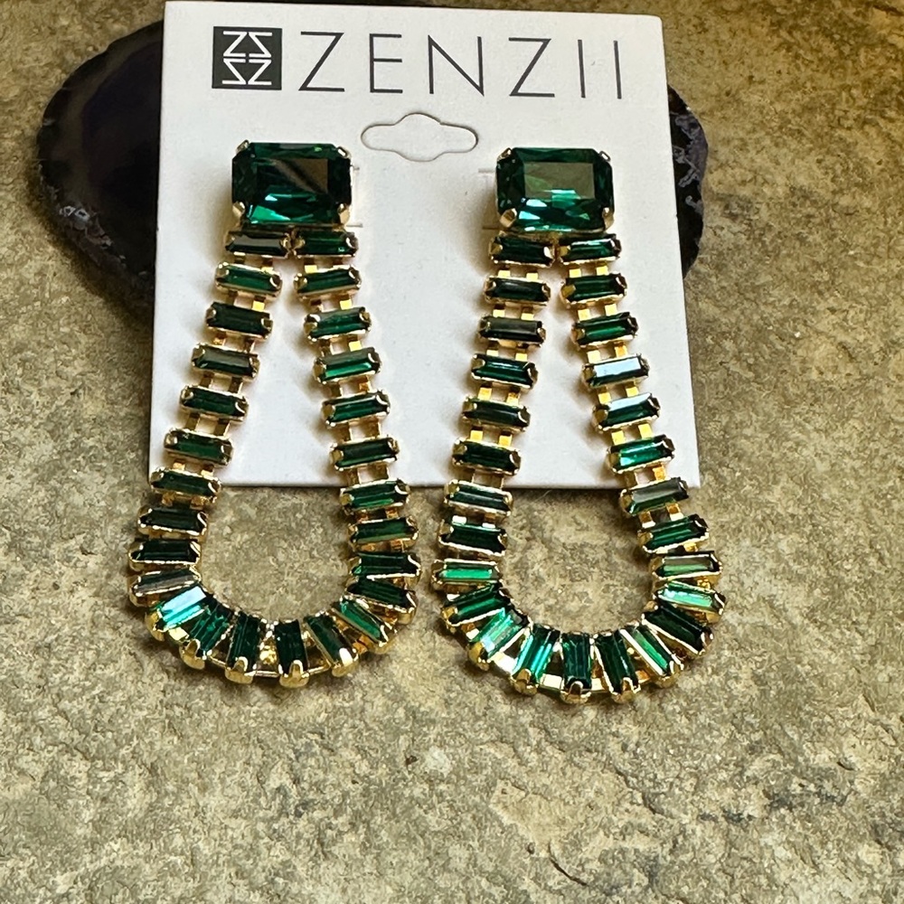 Gold Green Gemstone Earrings - Picture 4 of 11